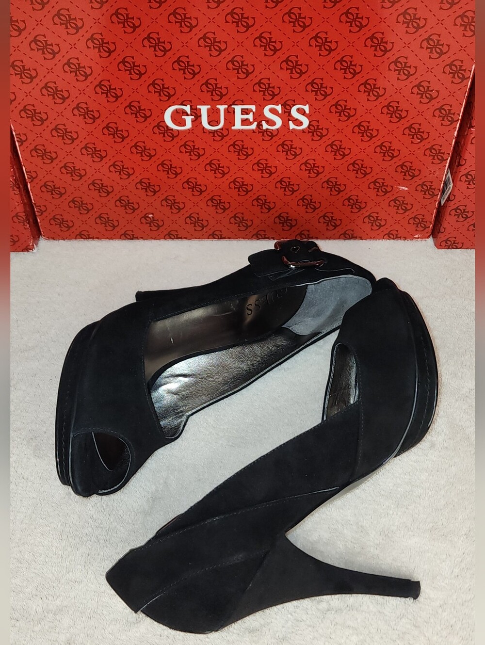 Guess Black Suede Peep-Toe Stiletto Heels with Buckle